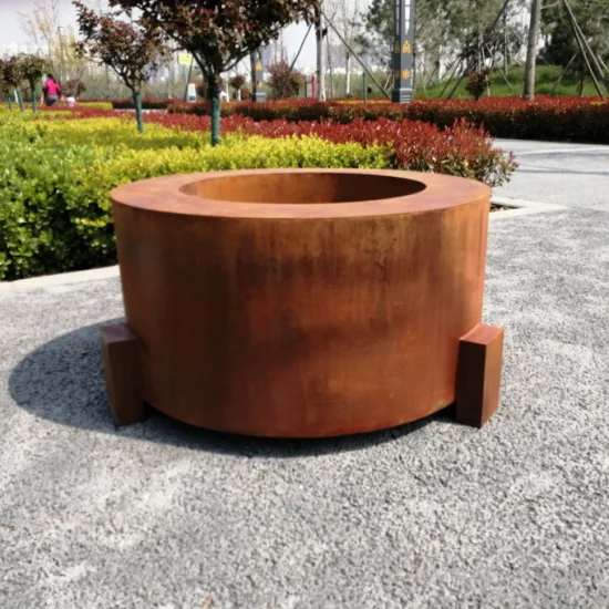 Mesa oxidada para hoguera de acero corten sin humo con tapa